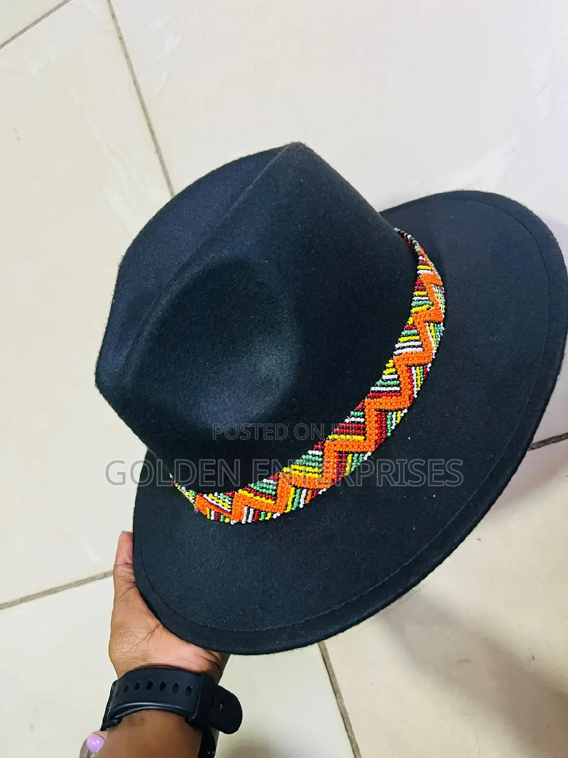 Black Wide Brim Beaded Fedora Hat