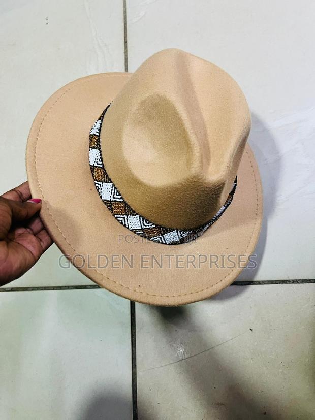 Beige Wide Brim Beaded Fedora Hat - main view