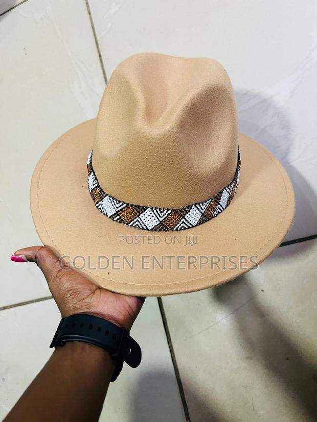 Beige Wide Brim Beaded Fedora Hat - thumbnail 2