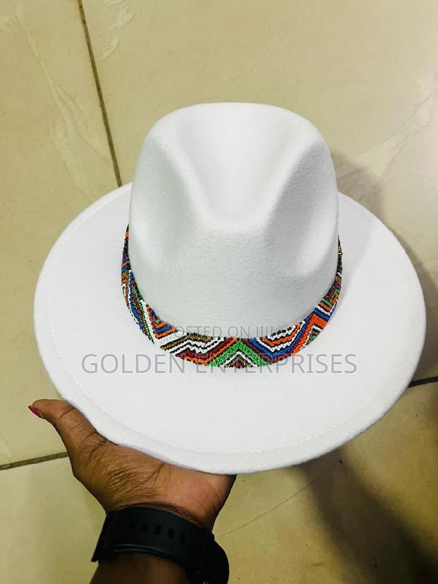 White Wide Brim Beaded Fedora Hat - thumbnail 2