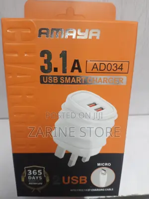 Amaya Micro Charger, Dual USB Port With Free Cable