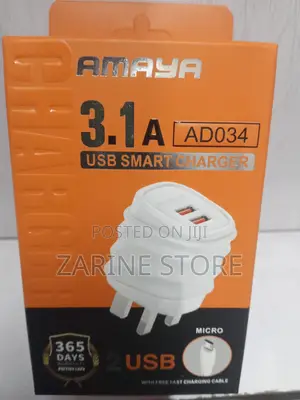 Amaya Micro Charger, Dual USB Port With Free Cable