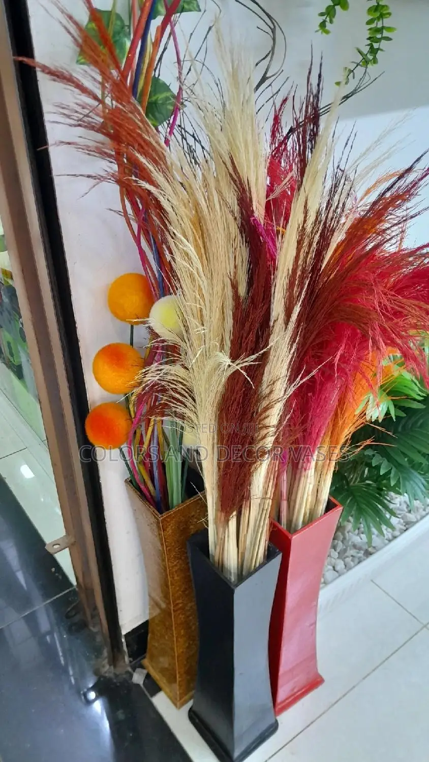 Pampas Grass, Colored Sticks and Wooden Vases