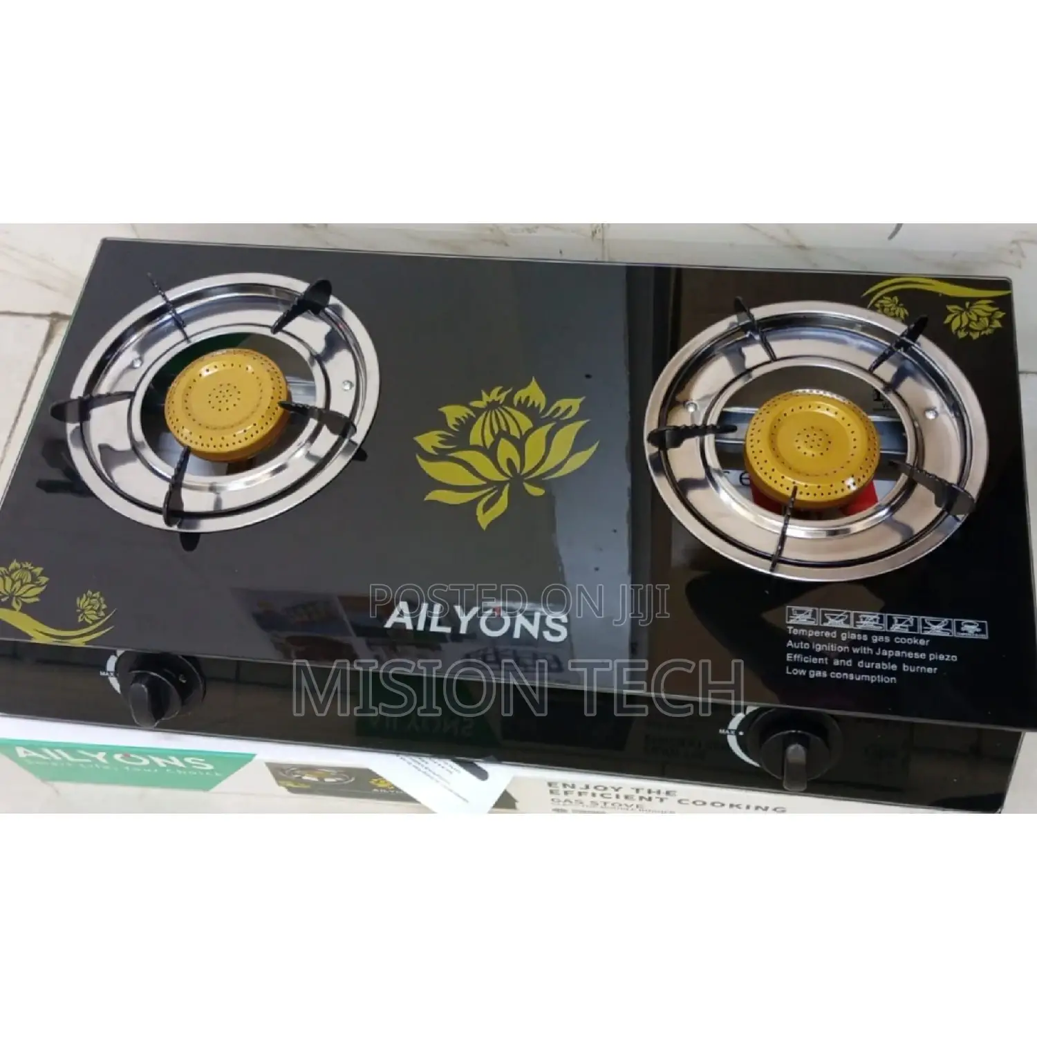 Ailyons 2 Burner Glass Top Gas Cooker With Double Burner,