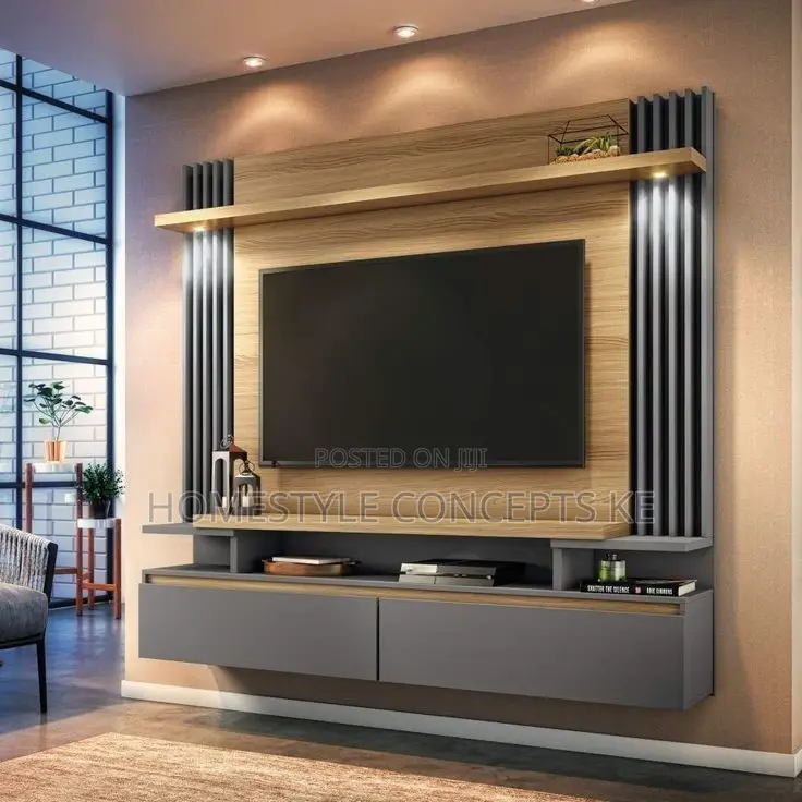 Movable TV Niches Fluted Panels Marble Sheet Combo