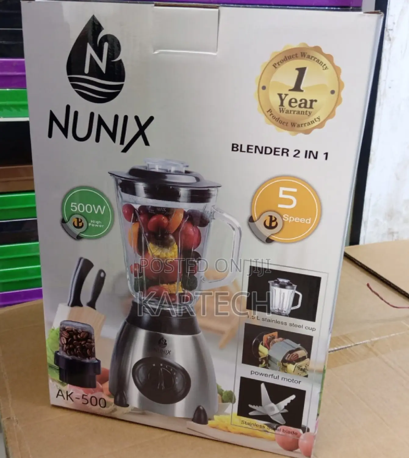 Nunix AK500 Blender 2 In1 With Glass Jar 500W
