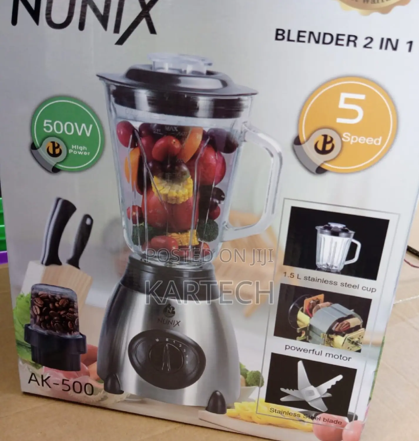 Nunix 500W Blender 2 In1 With Glass Jar - AK500 - 5 Speed