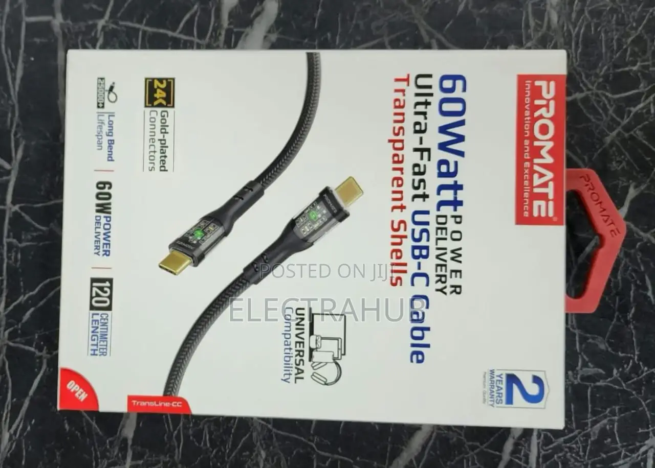Promate 60W Ultra-Fast USB-C Cable With Transparent Shells