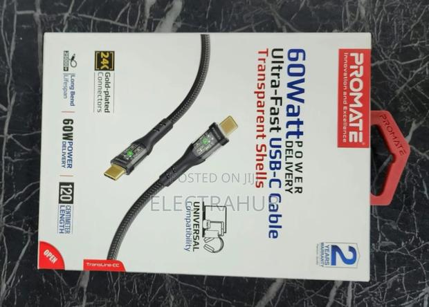 Promate 60W Ultra-Fast USB-C Cable With Transparent Shells - thumbnail 2