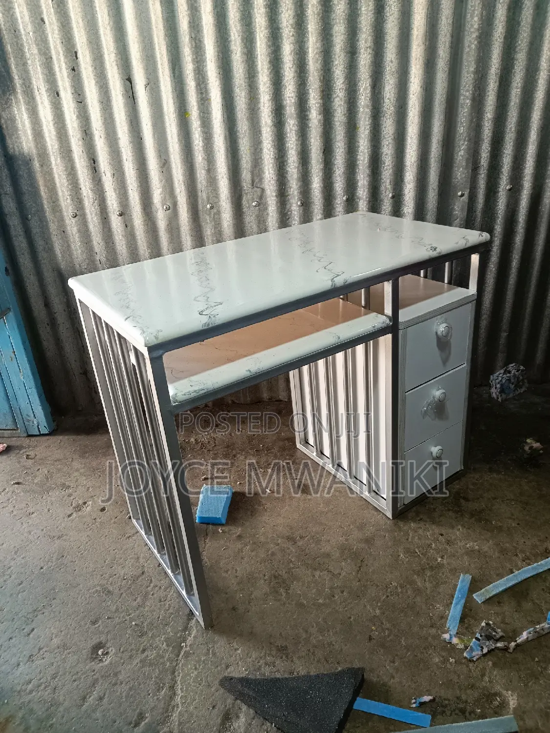 Manicure Table, Silver Frame and White Flowered Marble Top.
