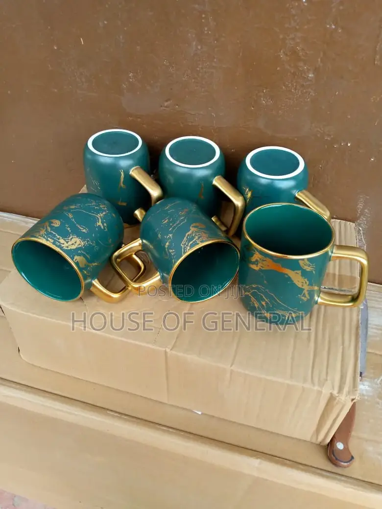 6pcs Marble Green Mugs 350ml With Golden Handle