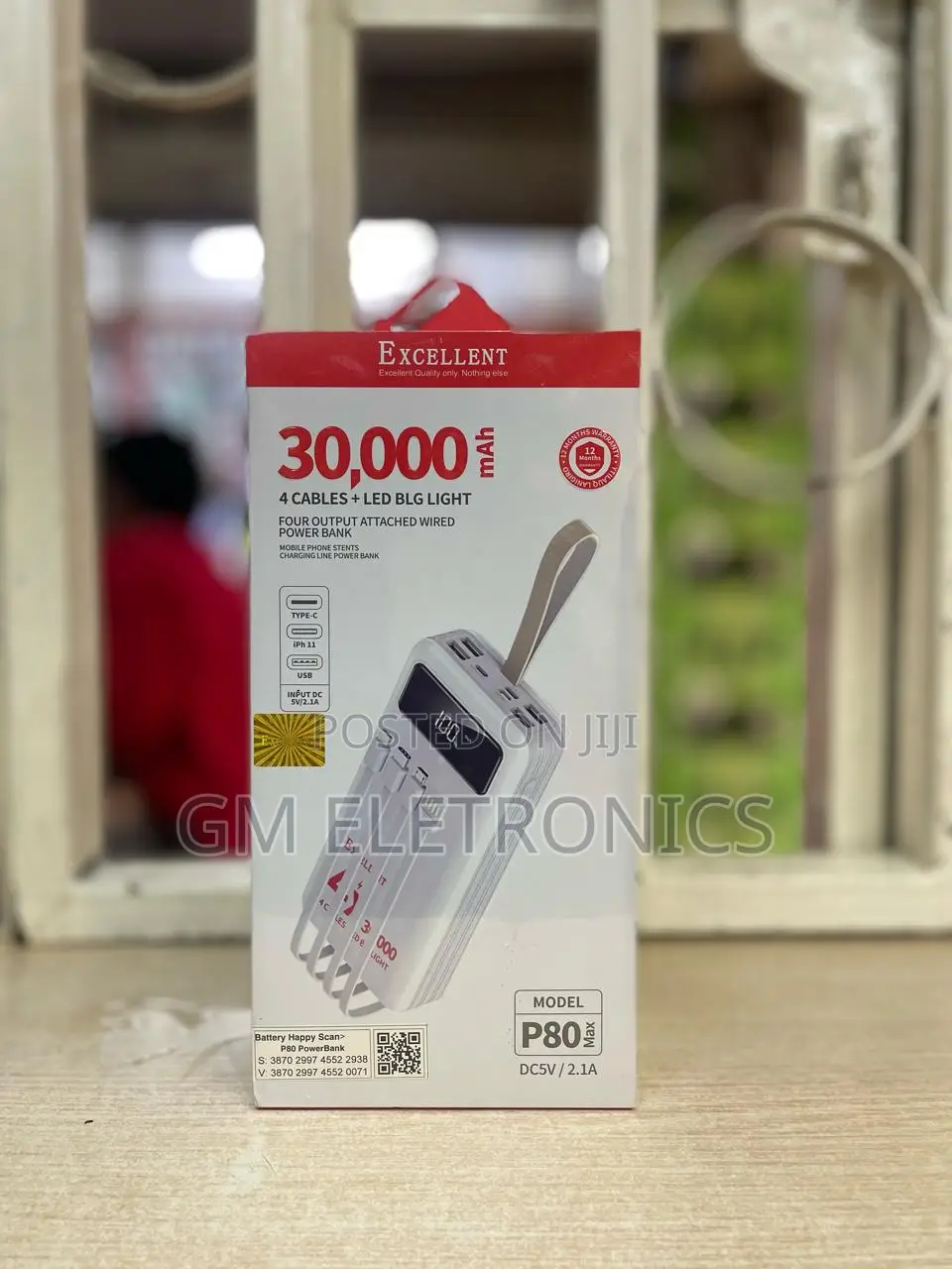 30000mah Portable Powerbank With Attached Cable.( Black)