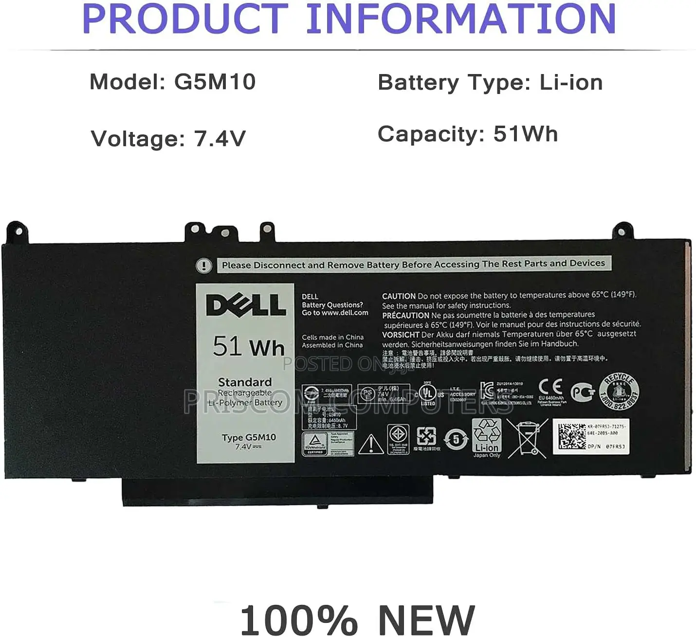 Laptop Battery for Dell Latitude 14 E5450 Latitude 15 E5550