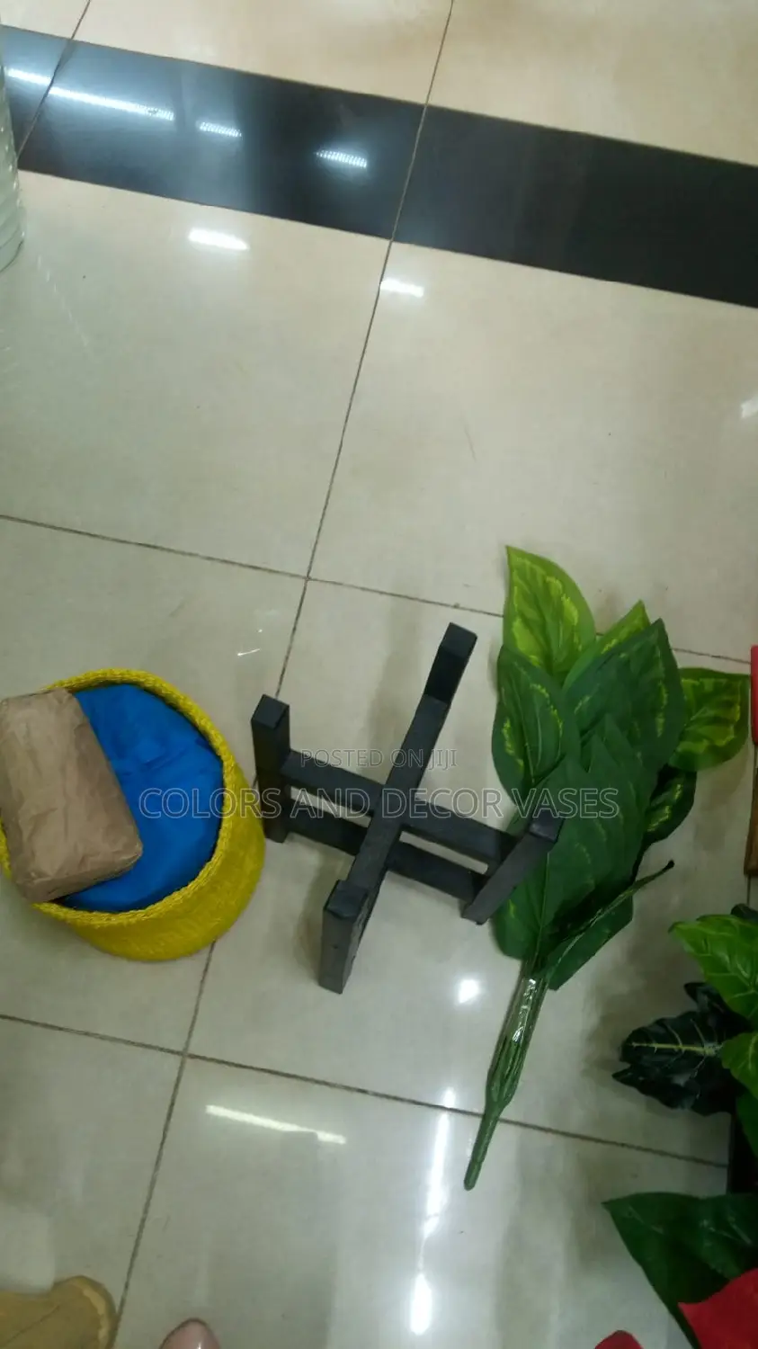 Plant,Stand, Basket With Pebble Stones