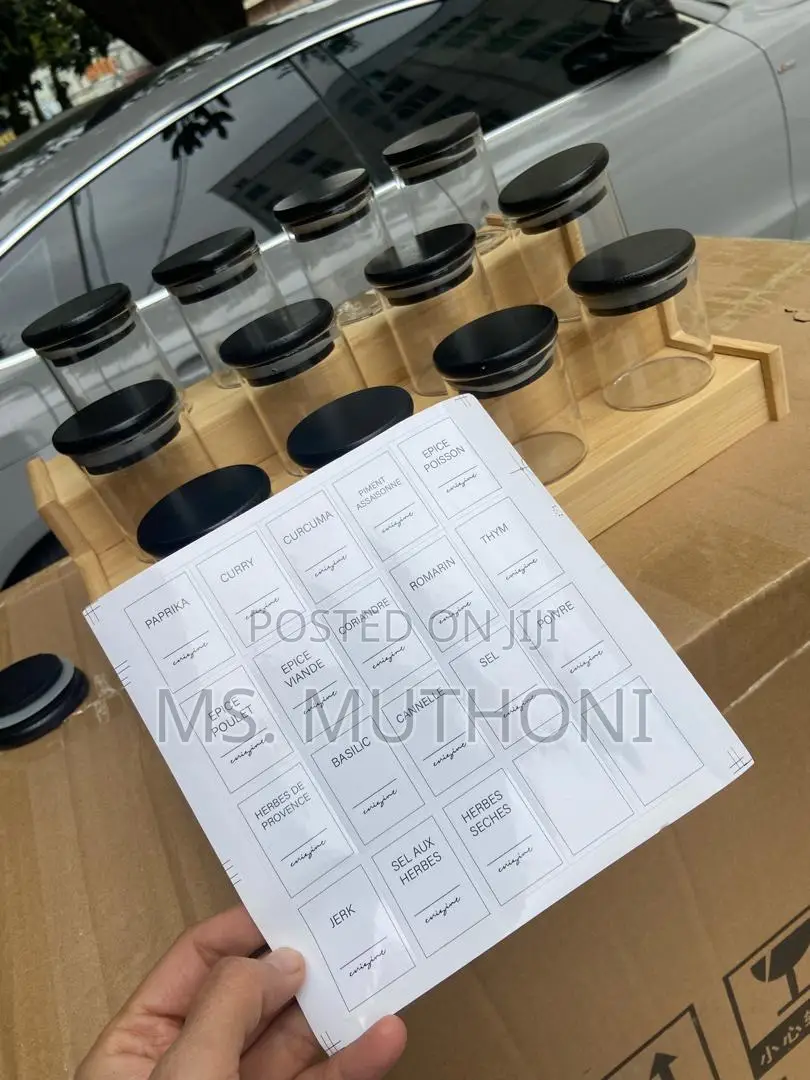 12pcs Glass Spice Jars With Bamboo Black Lid + Stand