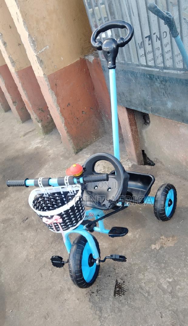 Blue Push Handle Kids Tricycle With Three Wheels