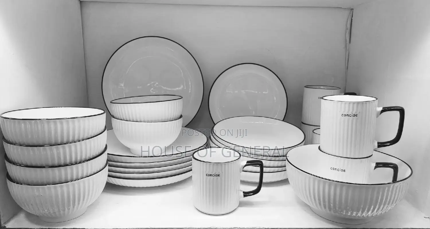 24pcs Concise White Ceramic Dinnerset With Black Rim