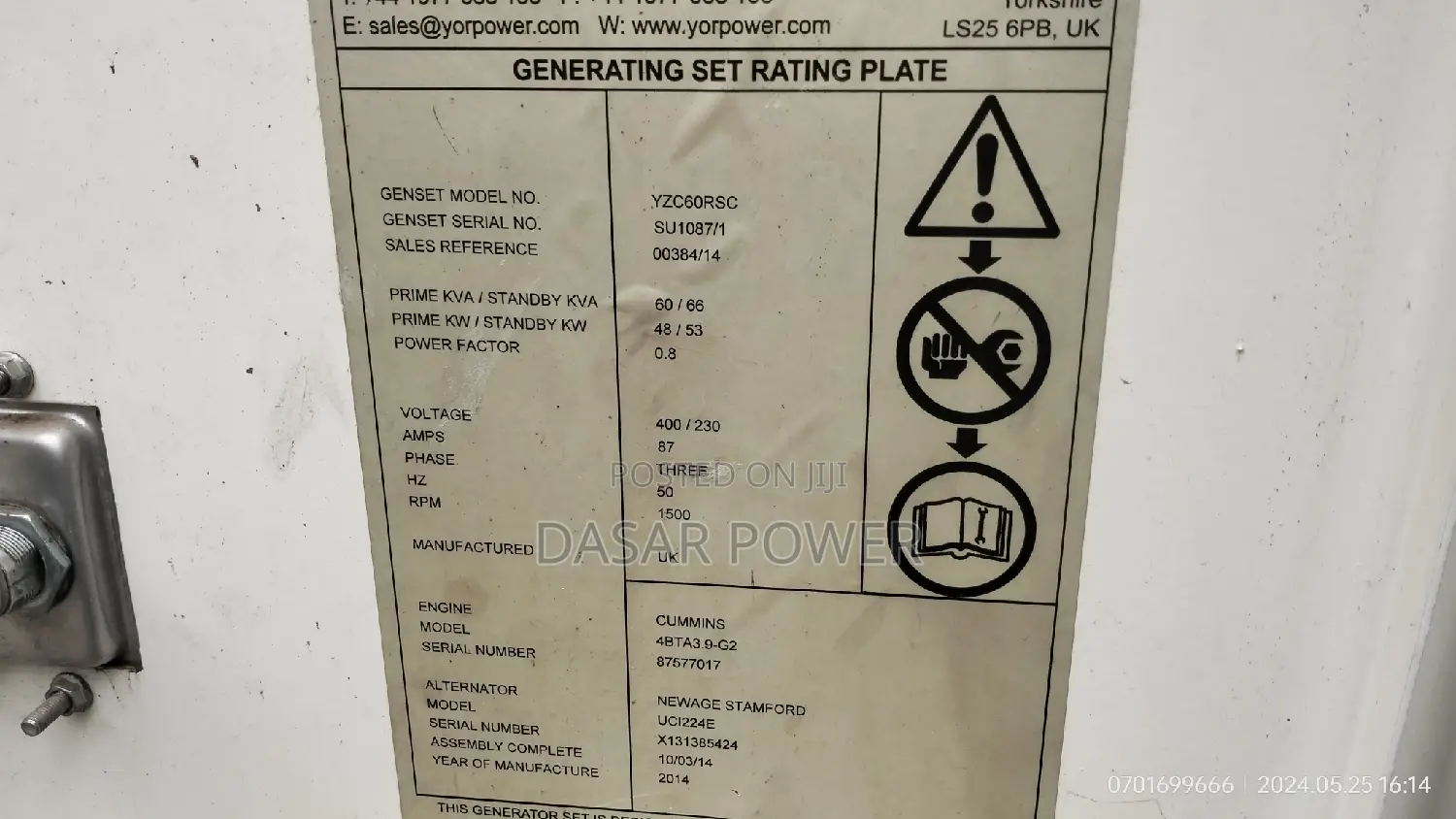 53/66kva Standby Cummins Uk Generator.
