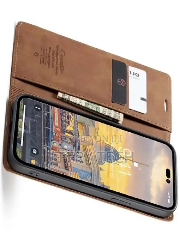 Leather Wallet Case With Stand for iPhone 14 Pro - Tan