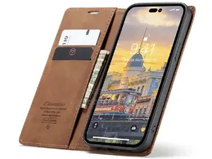 Leather Wallet Case With Stand for iPhone 14 Pro - Tan