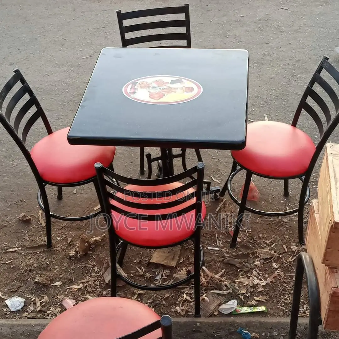 Restaurant Set, of 4 Red Chairs and a Black Table 