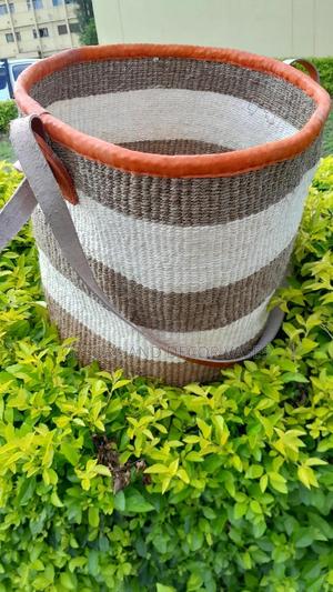 Stripped Basket With Leathered Handles - thumbnail 2