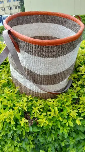 Stripped Basket With Leathered Handles