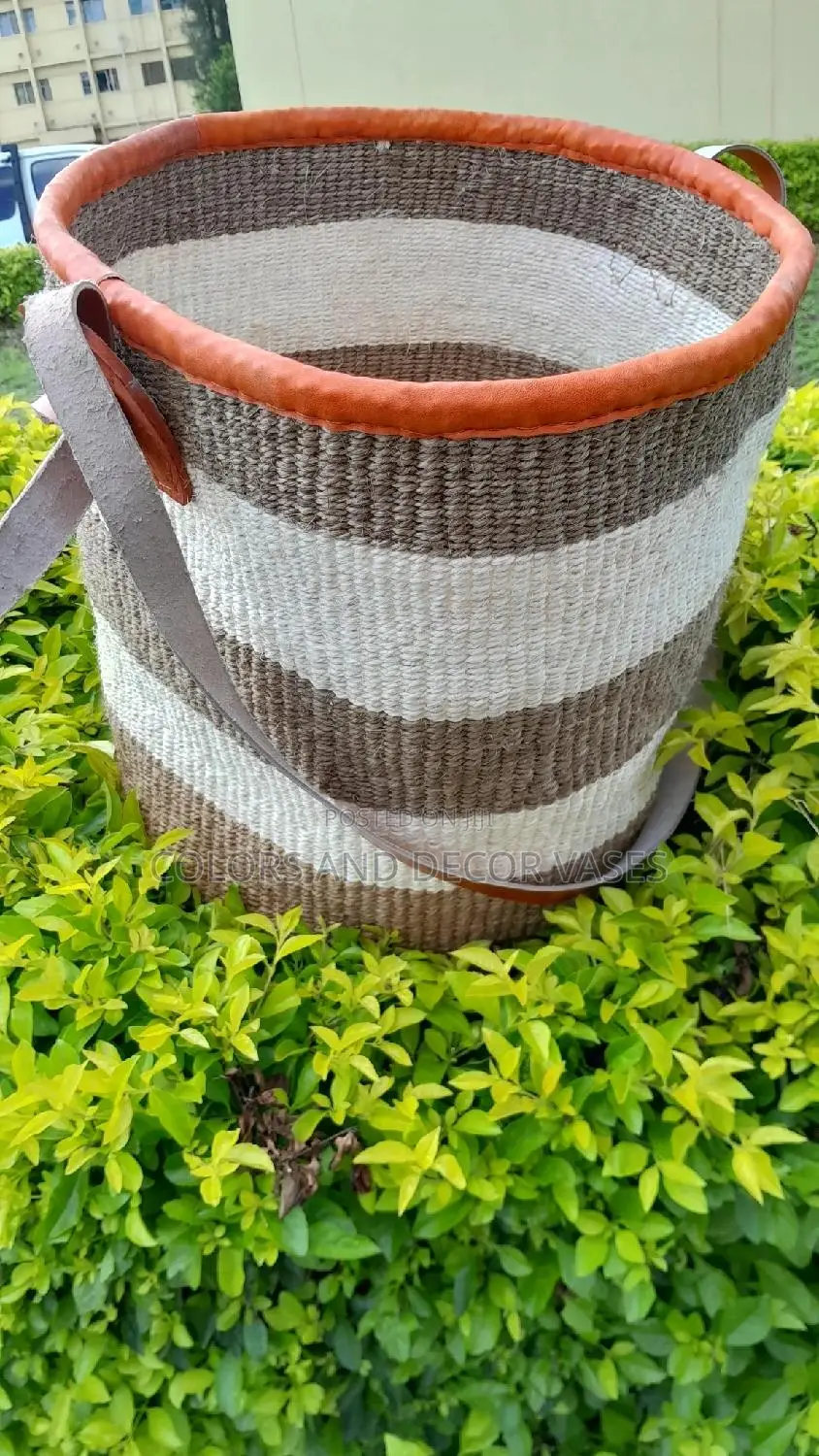 Stripped Basket With Leathered Handles