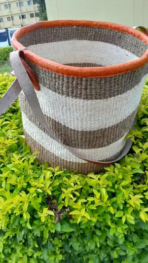 Stripped Basket With Leathered Handles