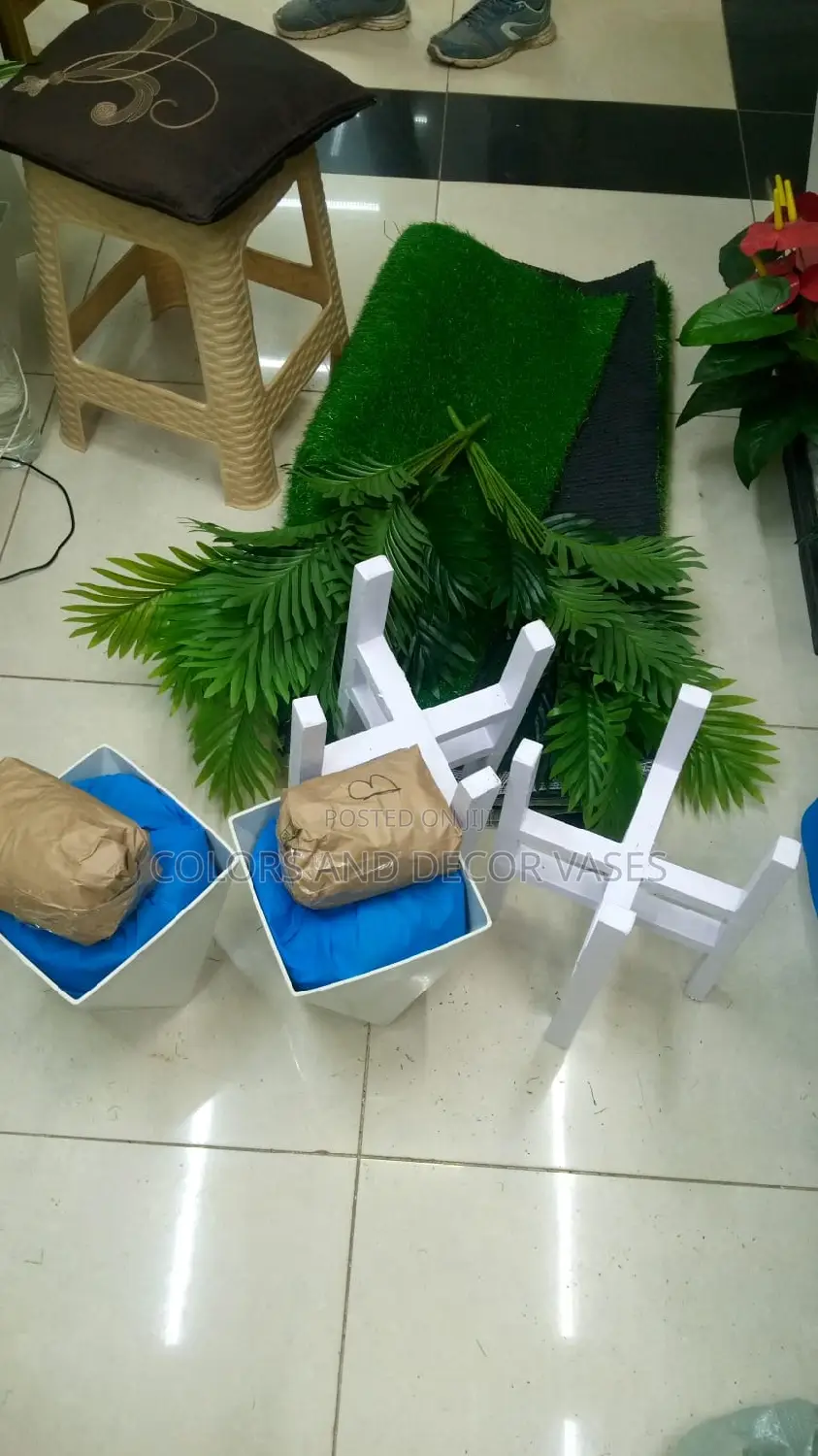 Plastic Vase,Palm Trees and Stones