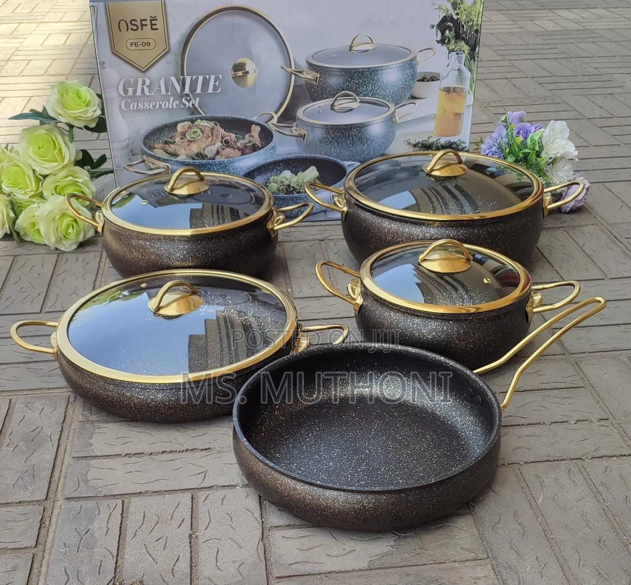 *9pcs Granite Classy Cookware Set, Blue-Gold Cream-Gold