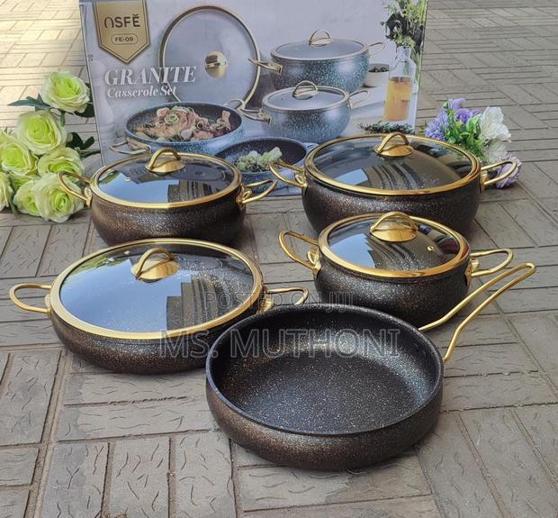 *9pcs Granite Classy Cookware Set, Blue-Gold Cream-Gold