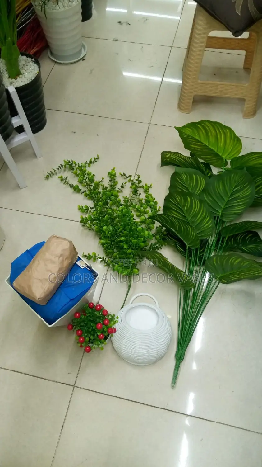 Artificial Plants and Vase Hard Plastic