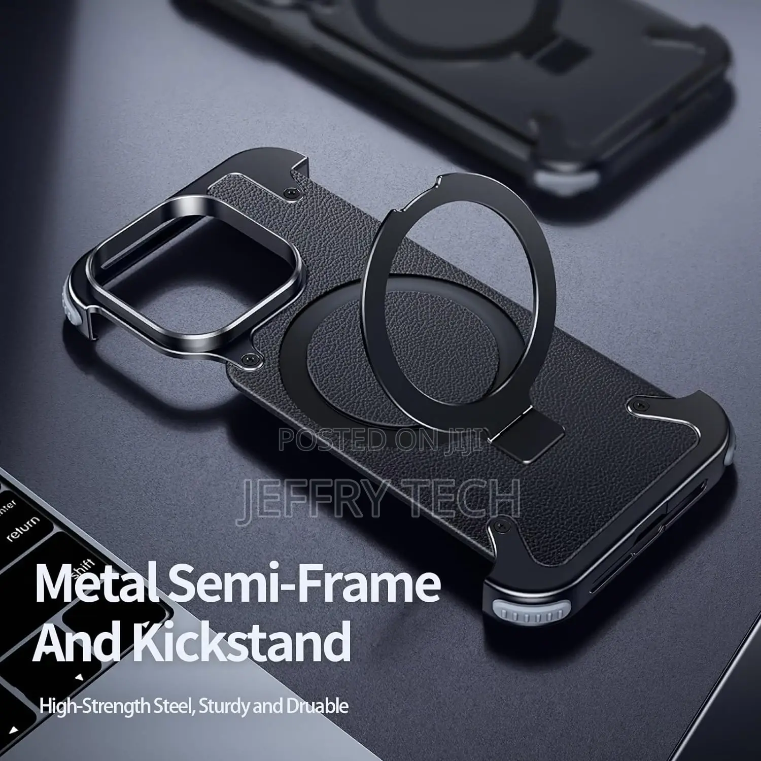 iPhone 15 Pro Max Bumper Case, Metal Frameless, Leather Bac