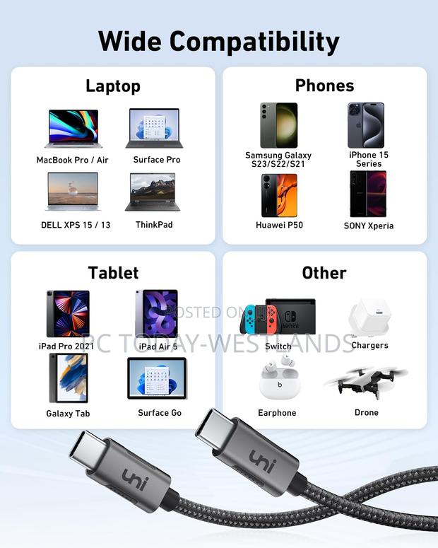 Uni 100W USB C to USB C Cable 15ft, Fast Charging Cable - thumbnail 4