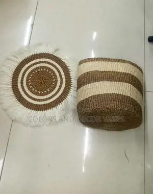 Brown and White Basket and Mat