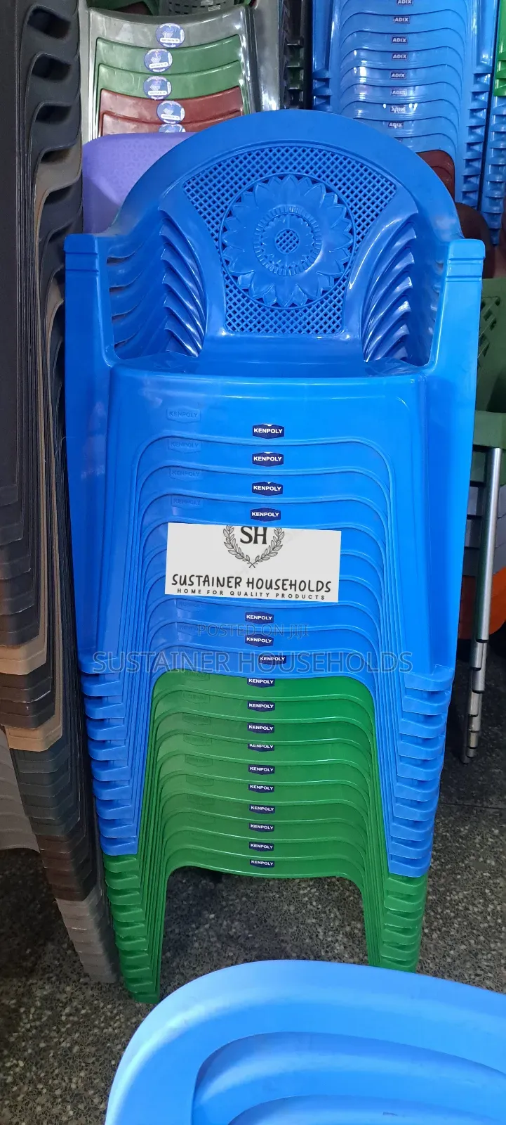 Green and Blue Plastic Chairs With Armrest