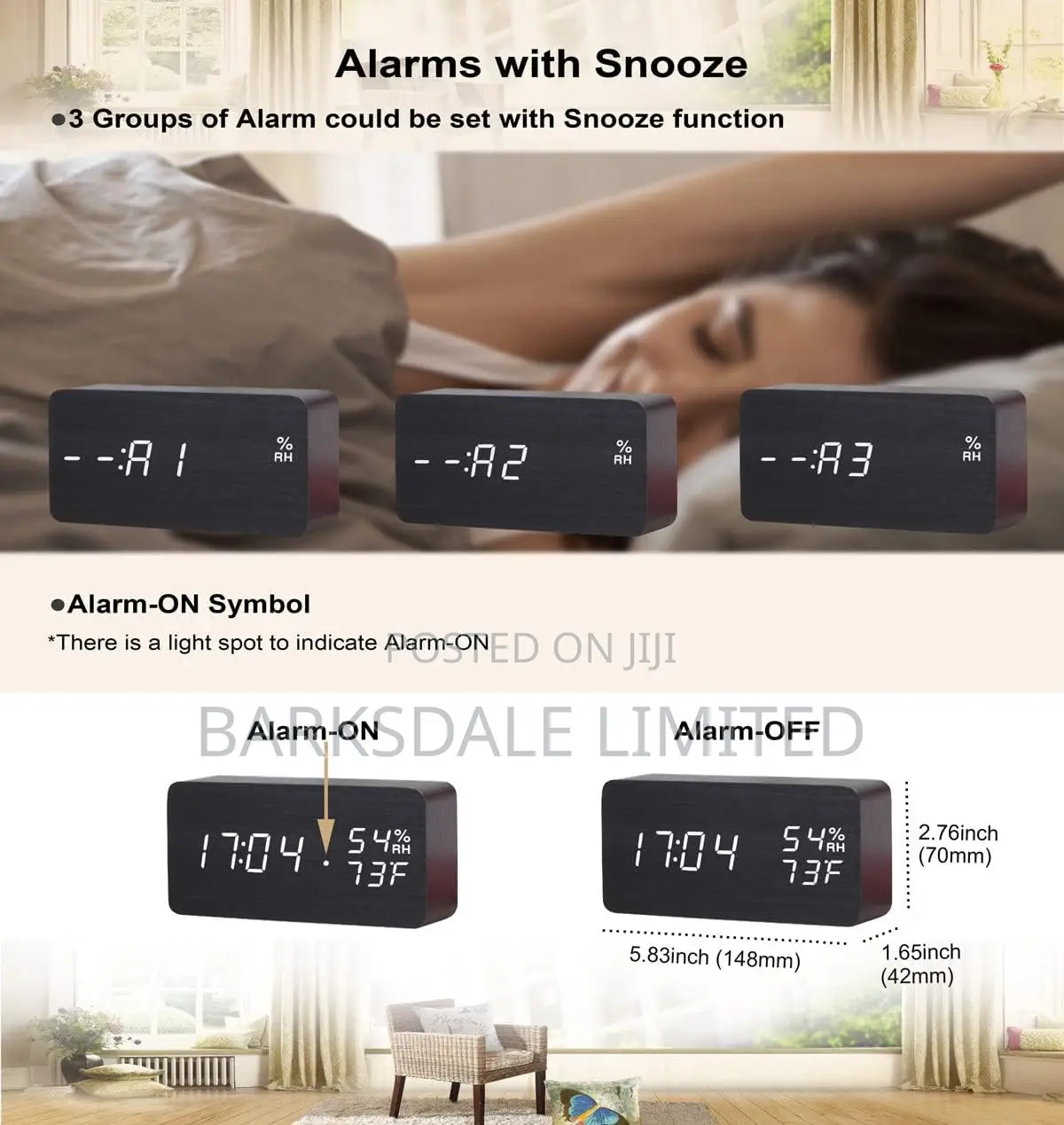 Wooden Digital Alarm Clock LED Bedside Black Electronic Temp