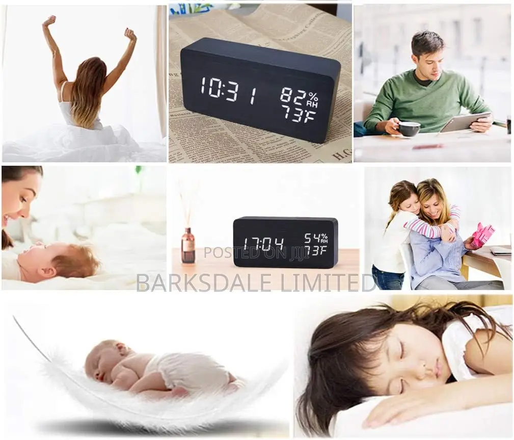 Wooden Digital Alarm Clock LED Bedside Black Electronic Temp
