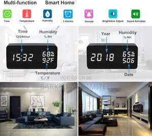 Wooden Digital Alarm Clock LED Bedside Black Electronic Temp