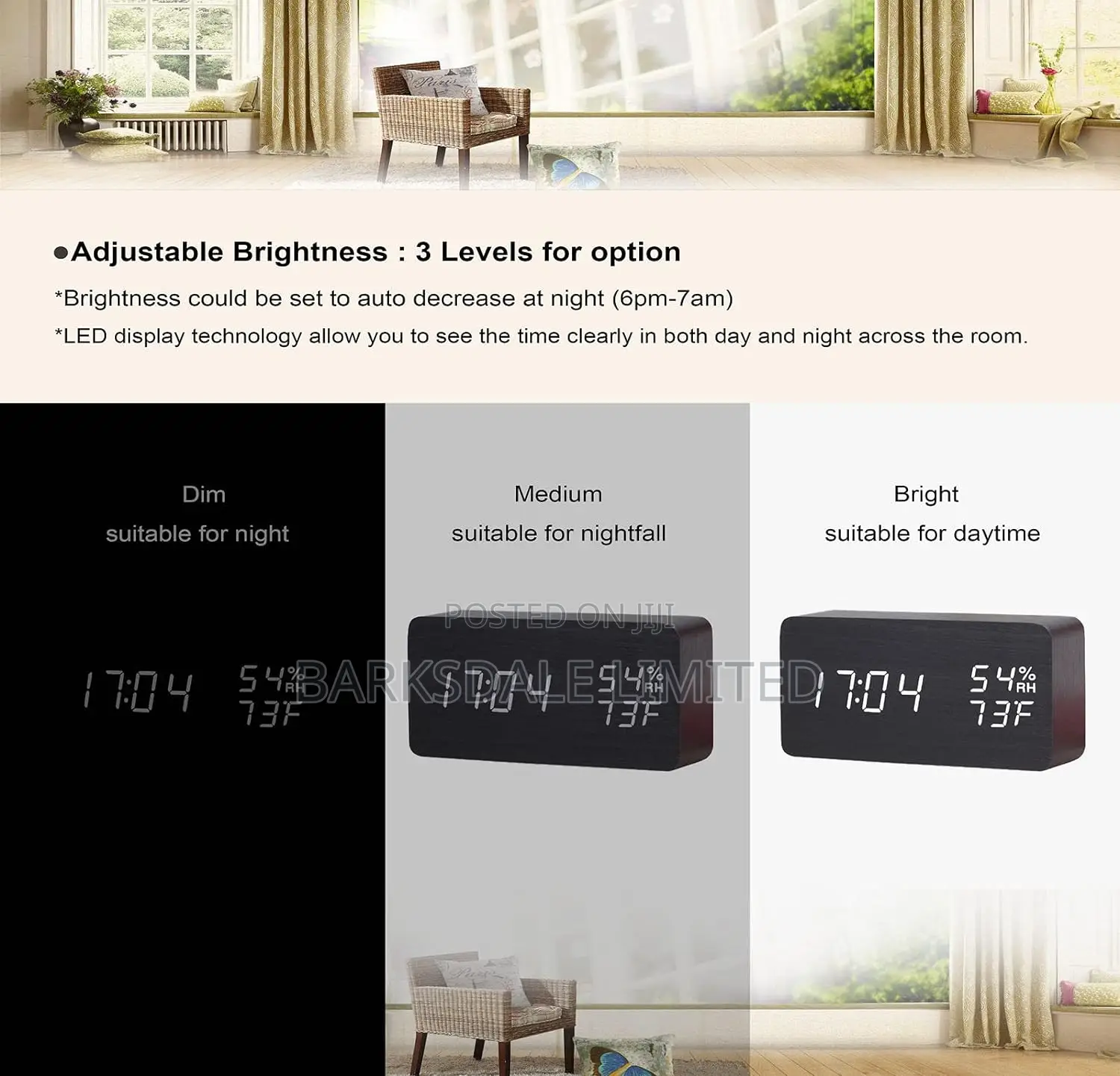 Wooden Digital Alarm Clock LED Bedside Black Electronic Temp
