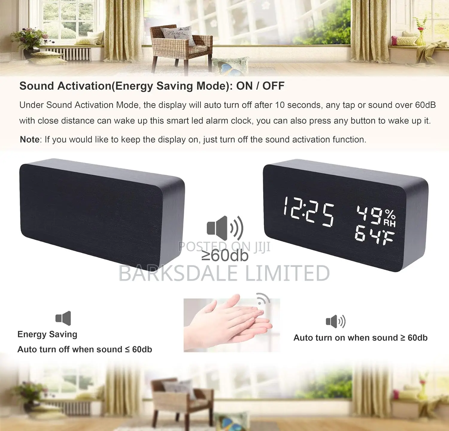 Wooden Digital Alarm Clock LED Bedside Black Electronic Temp