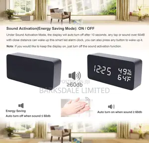 Wooden Digital Alarm Clock LED Bedside Black Electronic Temp