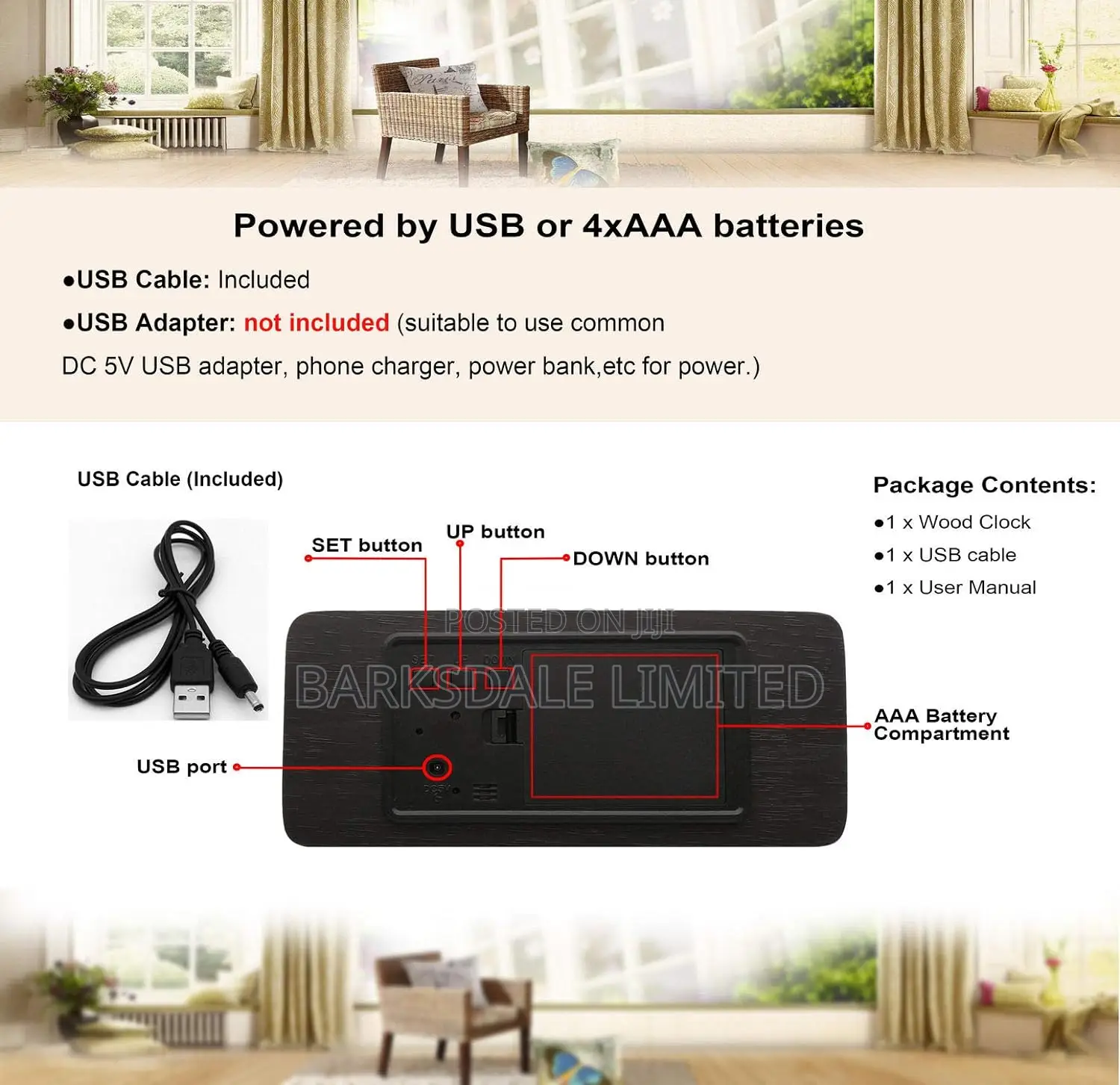 Wooden Digital Alarm Clock LED Bedside Black Electronic Temp