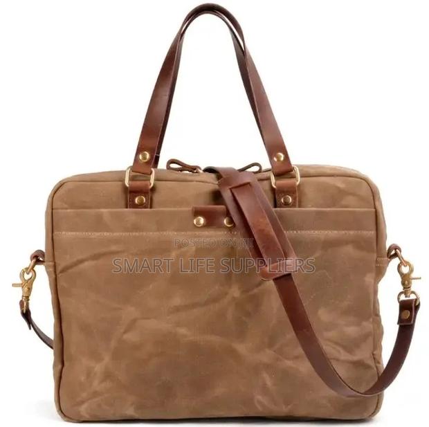 16′′ Black Waxed Vintage Military Leather Canvas Laptop Bag - thumbnail 2