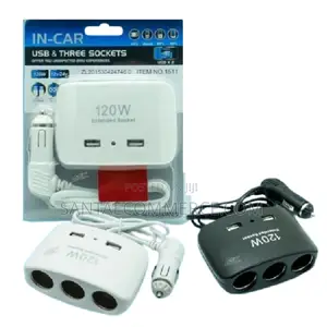 Car Charger Extended 3 Cigar Socket With 2 Usb Ports