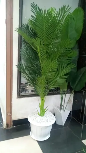 1.6m Long Palm Tree, Plastic Vase and Decorative Stones