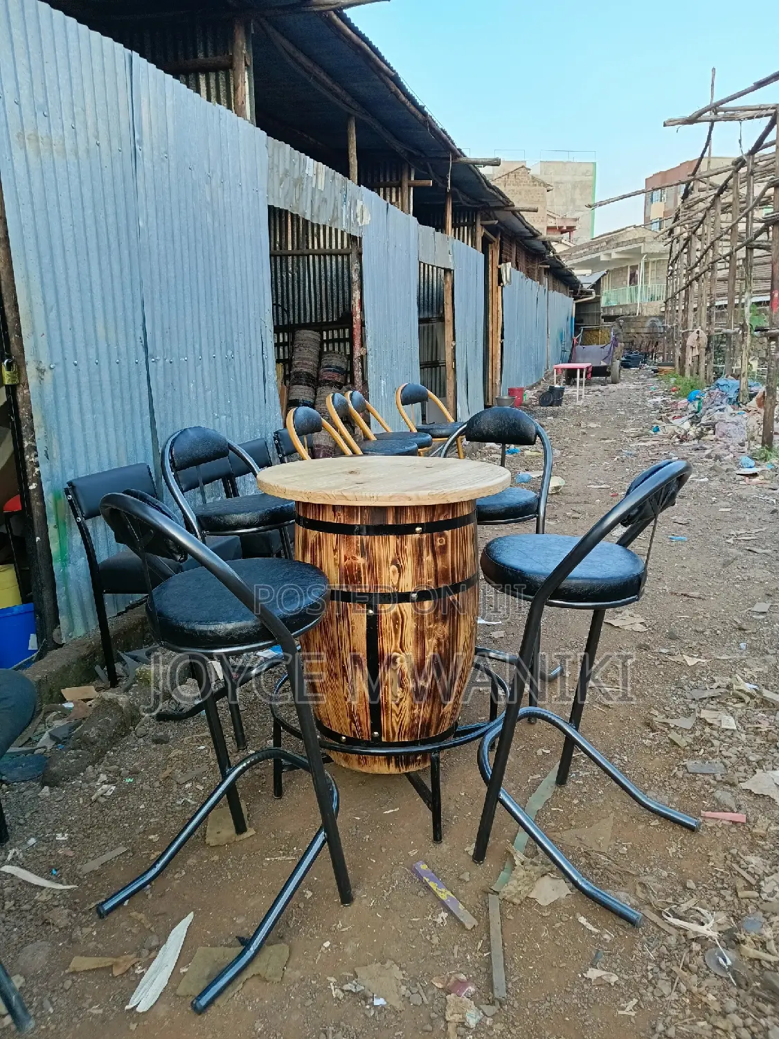Powder Coated High Bar Chairs and a Barrel Table.
