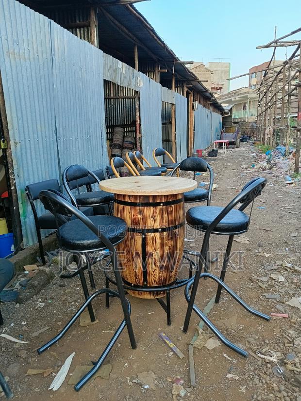 Powder Coated High Bar Chairs and a Barrel Table.
