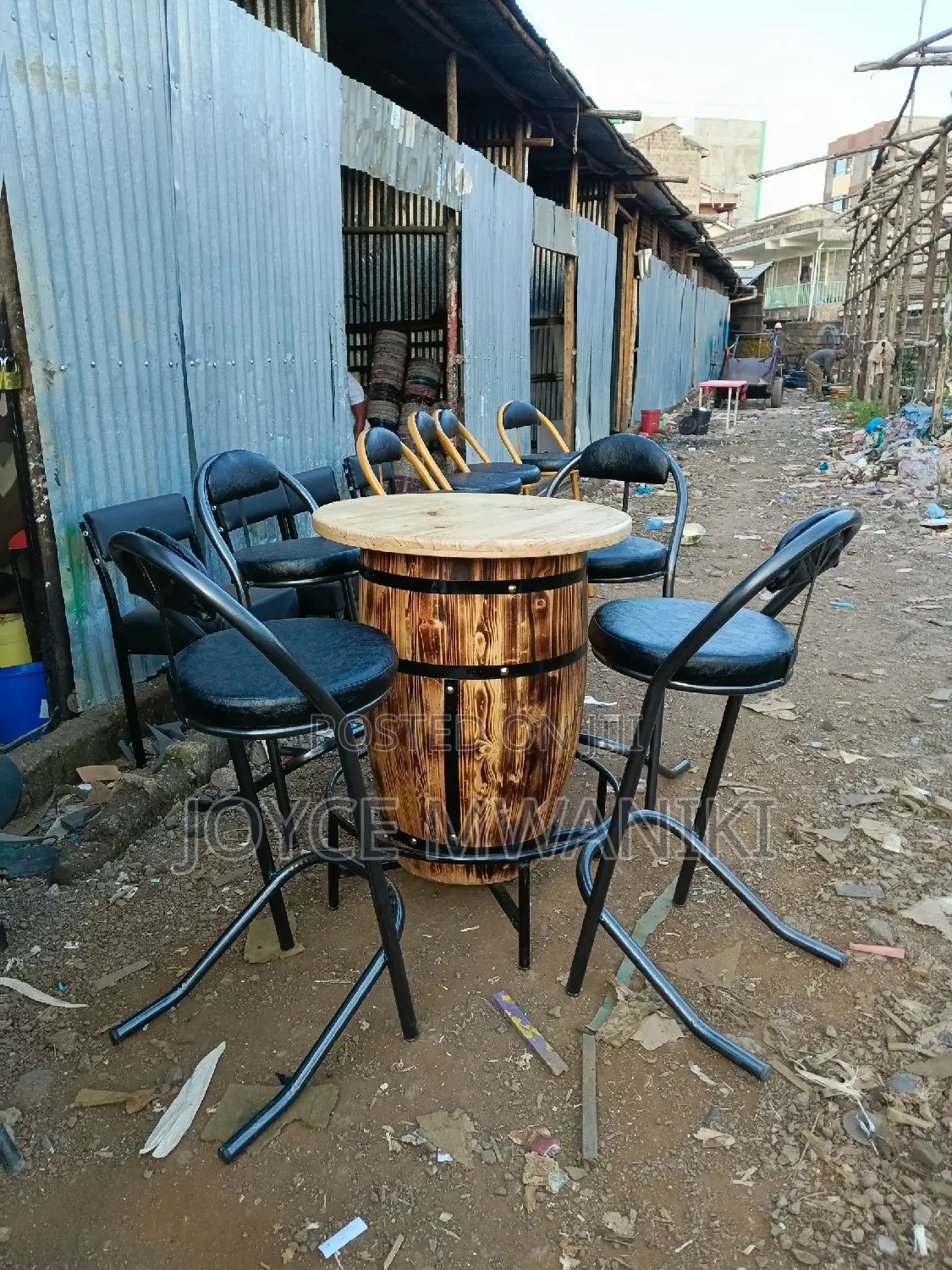 Powder Coated High Bar Chairs and a Barrel Table.
